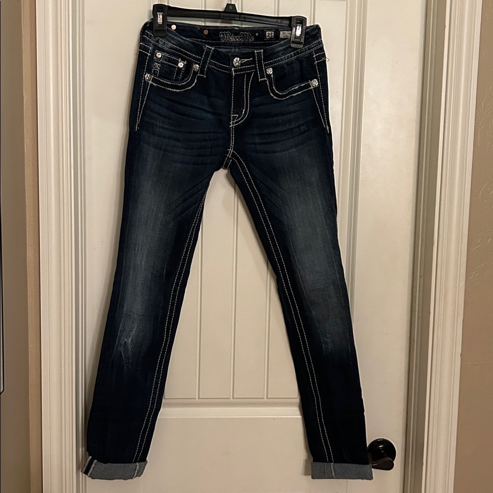 Miss Me Dark Blue MidRise skinny Jeans 25 with embellished and distressing